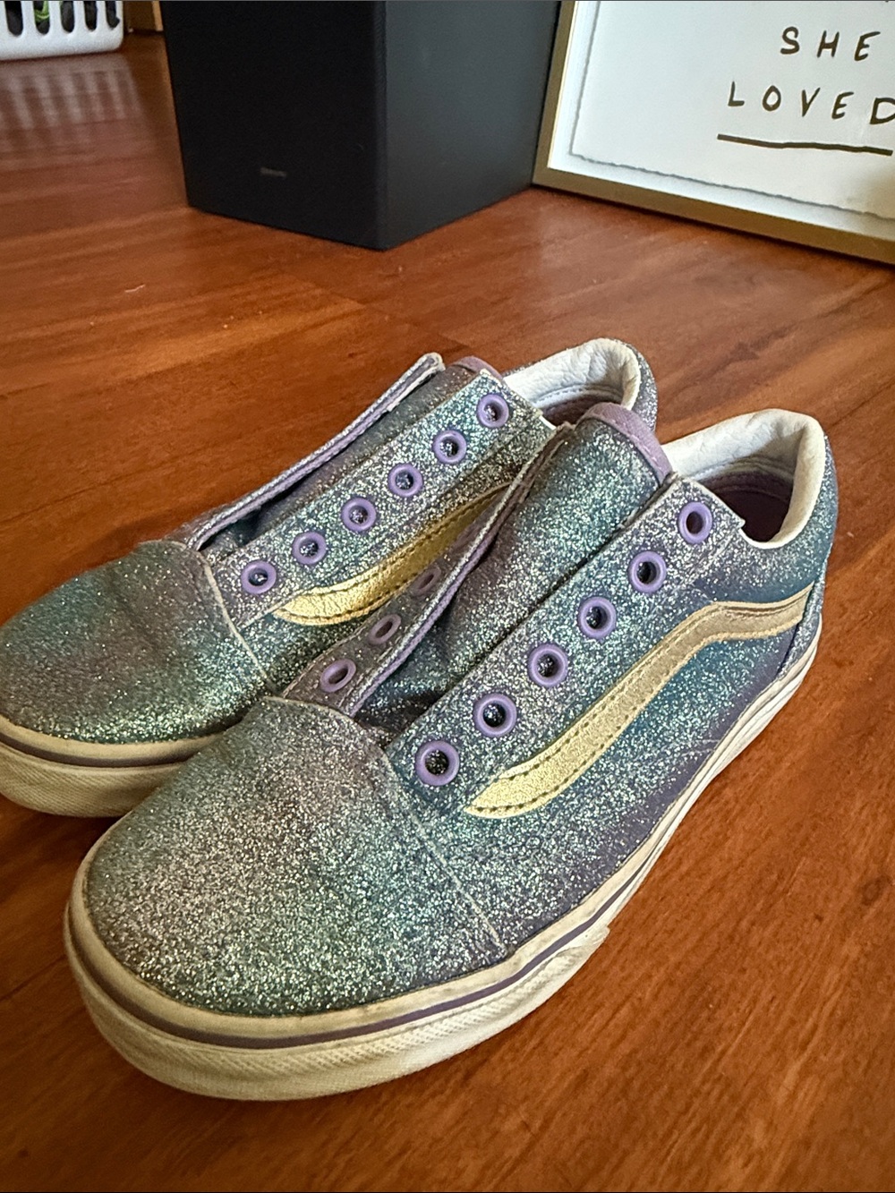 VANS Old Skool Ombre Glitter Youth Girl Shoes Size 2 Skateboarding- NO LACES